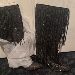 Black Fringe Knee-High Boots